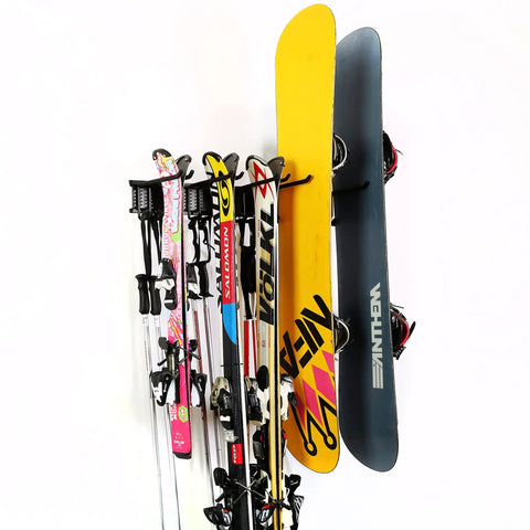 24 Inch Wall Mounted Ski Rack With 10 Storage Attachments Holds Up To 300lbs Heavy Duty Powder Coated Steel With Rubber Coating Easy Installation holding multiple skis and snowboards