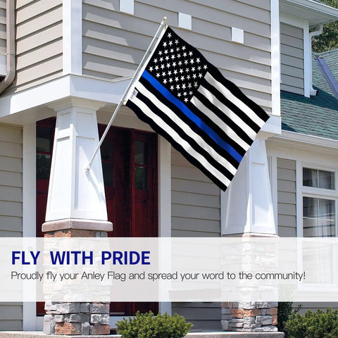 Thin Blue Line US Flag 3x5 Foot High Quality Polyester With Brass Grommets Fade Resistant Vivid Color Canvas Header Double Stitching Honoring Law Enforcement Officers Flag For Outdoor Display mounted on house