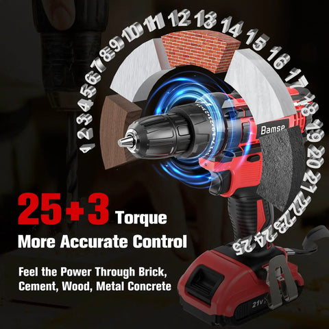Beast 21V Cordless Drill Driver Set With 2.0Ah Battery Hammer Drill Mode showing 25+3 torque settings and material applications
