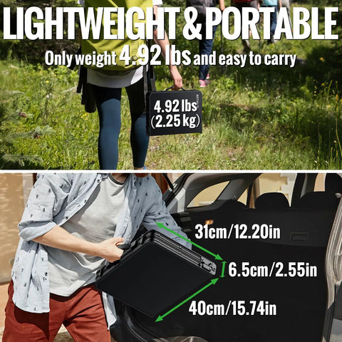 Close-up of Foldable Camping Table With Waterproof Plastic Tabletop Portable Picnic Table Aluminum Frame Three Height Levels Ideal For BBQs Camping And Indoor Or Outdoor Use Sturdy Easy Clean 22.8 Inches Long 15.7 Inches Wide being carried by a person outdoors, showing lightweight 4.92 lbs and compact folded size.