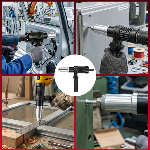 Rivet Adapter Kit For Cordless Drill With 4 Interchangeable Heads 2.4mm 3.2mm 4.0mm 4.8mm used on metal door installation.
