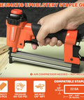 Close-up of Badass Pneumatic Staple Gun used for upholstery, showing 22 gauge fastener loading and ergonomic grip.