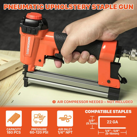 Close-up of Badass Pneumatic Staple Gun used for upholstery, showing 22 gauge fastener loading and ergonomic grip.