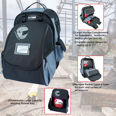 Heavy Duty Welding Backpack For Tools And Helmet, Detachable Helmet Compartment, Durable Grey with military fabric