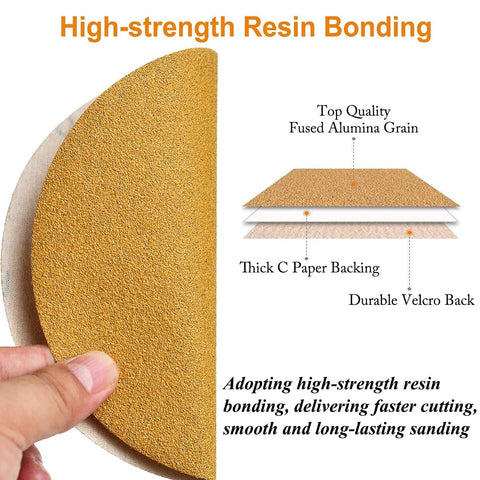 6-inch no-hole hook-and-loop sanding disc, 320-grit, orange abrasive with Velcro backing