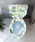 Elongated Toilet Seat Cover Quiet Close for Bathroom with floral design, blue background, suitable for most toilet sizes.