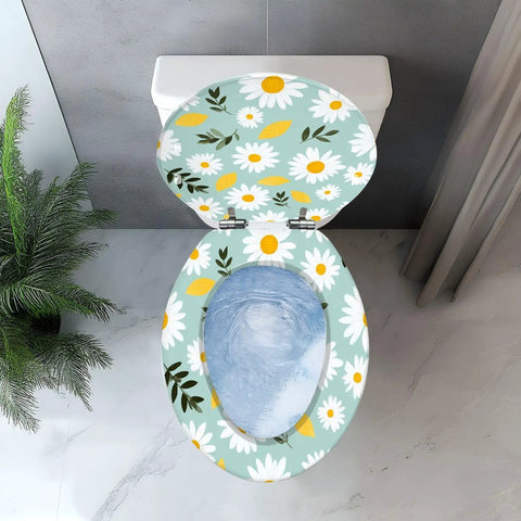 Elongated Toilet Seat Cover Quiet Close for Bathroom with floral design, blue background, suitable for most toilet sizes.