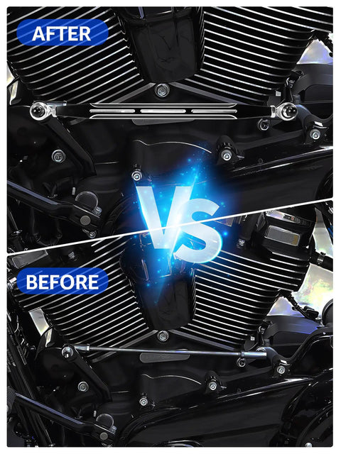 Harley Touring Shifter Linkage For 1986 To 2024 Models Gear Shift Upgrade For Street Glide Electra Glide Road Glide Road King Tri Glide Softail Dyna Easy Smooth Shifts And Durable Aftermarket Replacement Fits Most Touring Bikes, black metal linkage before after