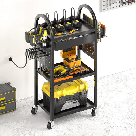 Power Tool Organizer Cart With Dual-Sided Drawers On Wheels Featuring 8-Outlet Charging Station And Pegboard Accessories in workshop