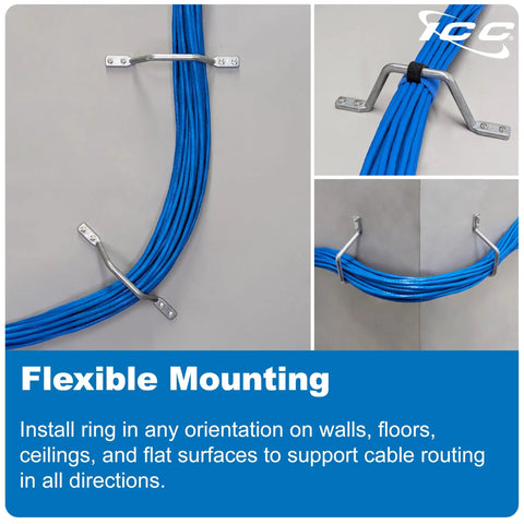2 Inch Metal Cable Distribution D Ring 25 Pack for Horizontal and Vertical Wall Cable Organization. Three angles showing cable routing.
