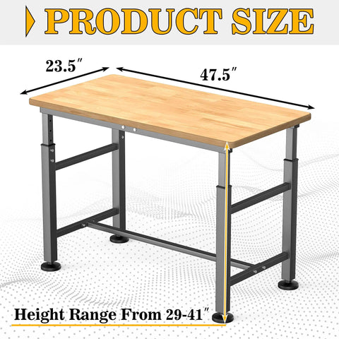 Heavy Duty Garage Workbench With Adjustable 47.5 Inch Height Built Tough Rubber Wood Work Table For Workshop Office Or Home