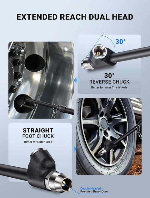 Front view of LUMITECO dual-head tire pressure gauge with extended tube; 10-150 PSI range for trucks and cars.