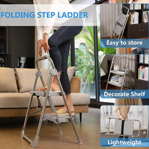 Person using Two Step Stainless Steel Folding Ladder With 500 Pound Capacity Wide Anti Slip Pedals And Beefy Durable Handgrip