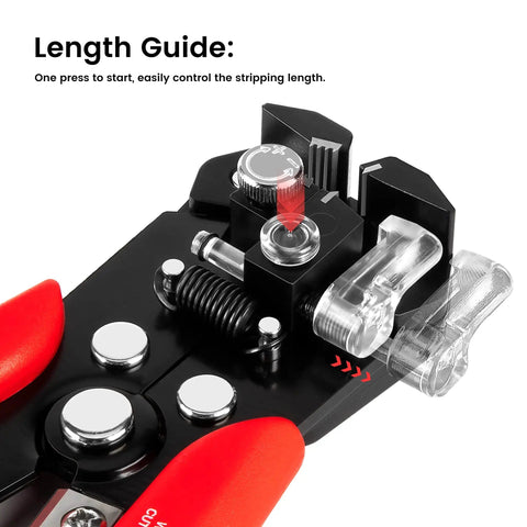 Close-up of self adjusting wire stripper tool with ergonomic grip, showcasing length guide component.
