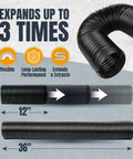 Two And A Quarter Inch Dust Collection Flexible Hose Kit With Screw End Fittings, expands from 12 to 36 inches, black.