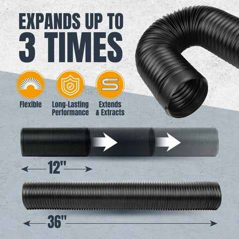 Two And A Quarter Inch Dust Collection Flexible Hose Kit With Screw End Fittings, expands from 12 to 36 inches, black.