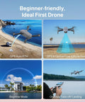 Dope 4K Camera Drone With GPS For Beginners And Pros in flight, demonstrating GPS Auto Return and one-key take-off features over a beach.