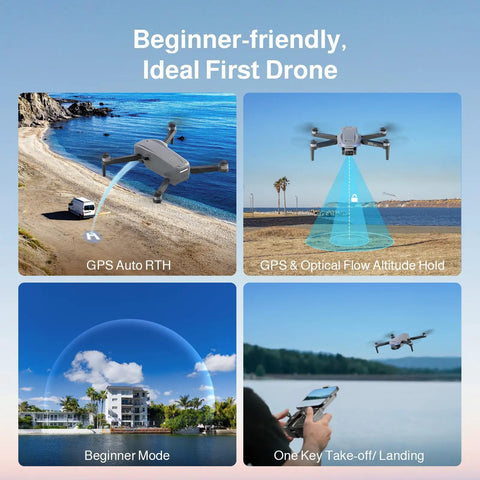 Dope 4K Camera Drone With GPS For Beginners And Pros in flight, demonstrating GPS Auto Return and one-key take-off features over a beach.