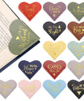 Fourteen Genuine Leather Heart Bookmarks With Uplifting Bible Verses, colorful heart-shaped bookmarks featuring inspirational messages.