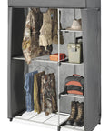 Deluxe Utility Closet With Five Extra Strong Shelves And Removable Breathable Cover For Garage Basement And Laundry Room Storage With Two Hanging Bars Built Tough Heavy Duty Organization Rack showcasing clothes and accessories.