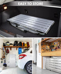 Heavy Duty Aluminum Work Platform Foldable Scaffold With Large 39.4 By 18.5 Inch Surface, 330 Lb Capacity, Seven Position Height From 24 To 35 Inches, Portable Ladder Style Work Stand For DIY, Painting, And Home Repairs stored in trunk and garage