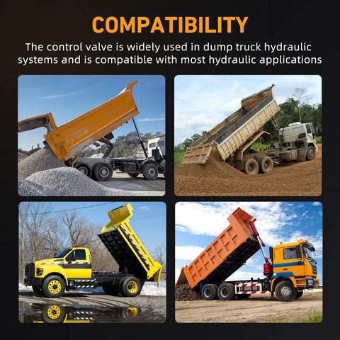 Dump trucks with PTO Hoist Air Control Kit With Kickout And K90 Valve for 10m tube in operation, showing compatibility