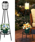 2 Pack Outdoor Solar Lights With Plant Stand And Tall Metal Planter Holder For Patio Garden Porch Yard Decor Waterproof With Lit Tripod Pathway Lantern And 2 In 1 Lighting