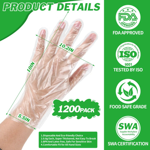 Disposable Plastic Gloves Bulk Pack 1200 Count Clear Food Handling Gloves For Kitchen Food Prep Service Cooking And Cleaning Great For Home Cooks And Professional Kitchens One Size Fits Most