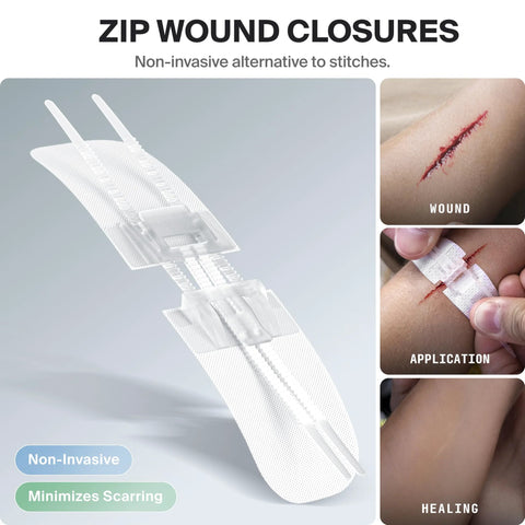 SurviveX Zip Wound Closures device, white front view with dual adhesive strips