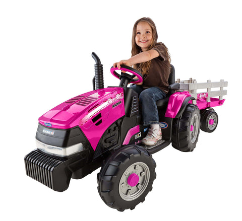 Pink Peg Perego ride-on tractor with trailer, illustrating the 12 Volt Tractor Motor And Gearbox Replacement Kit Plug And Play For Kids.
