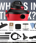 8 Gallon Wet Dry Vacuum With 4.5 Peak HP Motor and included accessories for job site, garage, car, and workshop cleanup