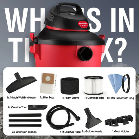 8 Gallon Wet Dry Vacuum With 4.5 Peak HP Motor and included accessories for job site, garage, car, and workshop cleanup