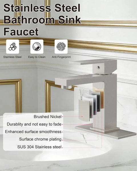 1 Hole Single Handle Stainless Steel Bathroom Faucet With Deck Plate In Brushed Nickel Modern Vanity Sink Faucet Set Includes Water Supply Hoses ABS Pop Up Drain No Plumber Needed Easy Install Kit
