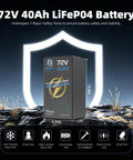 Heavy Duty 72V 40Ah LiFePO4 Battery With 50A BMS And 5A Plug In Charger For Electric Bikes Scooters And Motorcycles shown with safety features.
