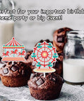 18 Pieces Red Glitter Fireworks Cupcake Toppers for Circus Theme Parties shown on chocolate cupcakes with milk backdrop