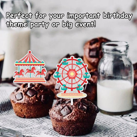 18 Pieces Red Glitter Fireworks Cupcake Toppers for Circus Theme Parties shown on chocolate cupcakes with milk backdrop