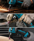 Tough As Nails 12V Cordless Right Angle Die Grinder Kit used for grinding metal and wood with 90-degree angled head.