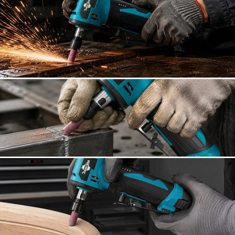 Tough As Nails 12V Cordless Right Angle Die Grinder Kit used for grinding metal and wood with 90-degree angled head.