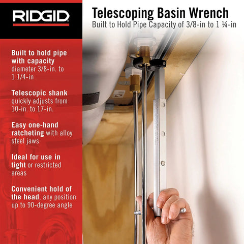 Fold Over Basin Adjustable Pipe Wrench 10 To 17 Inch Telescoping Shank With One Hand Ratcheting Grip Forged Alloy Jaws under a sink