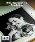 xTool F1 Lite laser engraver, portable silver unit; HD engraving promo featuring a woman with a dog.