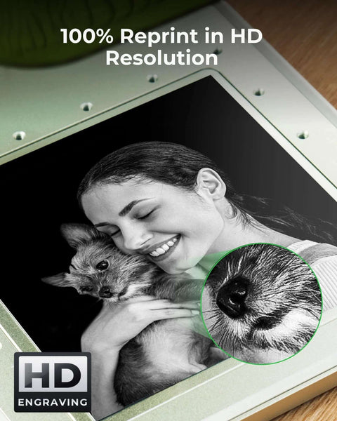 xTool F1 Lite laser engraver, portable silver unit; HD engraving promo featuring a woman with a dog.