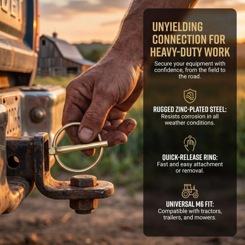 Get Your Yard Gear Fixin' With These 12 Heavy Duty Carbon Steel Retaining Pins Featuring Ring Locks For Tractors Mowers And Trailers To Keep Everything Secure And Rust-Free In The Dirt, shown in use with a quick-release ring.