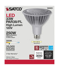 33W PAR38 LED Bulbs 3000K Warm White, E26 Medium Base, 120V box showing specifications