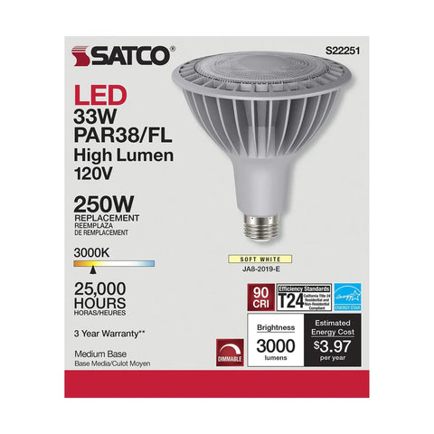 33W PAR38 LED Bulbs 3000K Warm White, E26 Medium Base, 120V box showing specifications