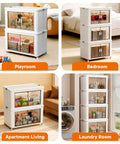 Stackable Storage Bins With Individual Lids And Front Doors On Wheels For Quick Grab And Go Use Together Or Separately For Clothes Blankets Towels And Light Household Items in playroom, bedroom, apartment living, and laundry room settings.