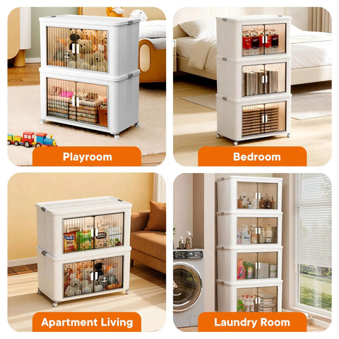 Stackable Storage Bins With Individual Lids And Front Doors On Wheels For Quick Grab And Go Use Together Or Separately For Clothes Blankets Towels And Light Household Items in playroom, bedroom, apartment living, and laundry room settings.