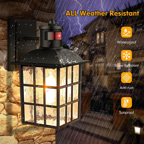 2 Pack Motion Sensor Outdoor Lights With Dusk To Dawn Sensor And Wall Mount Exterior Black Lantern Sconces in rain and lightning