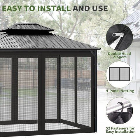 Universal Mosquito Netting For 10x12 Gazebos, 4 Panel Zippered Mesh Curtains, Easy Install, Heavy Duty Polyester And Nylon Walls