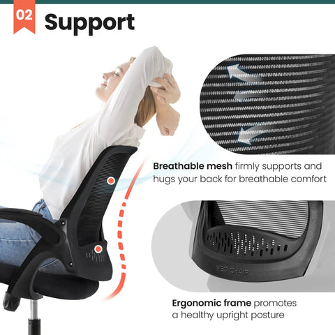 Ergonomic Office And Gaming Chair With Lumbar Support And Breathable Mesh Back Adjustable Height Swivel Rolling Wheels Flip Up Arms