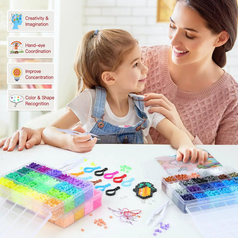 Child and parent enjoying Fuse Beads Craft Kit With 15000 Beads In 72 Colors, showing colorful beads and storage box on table.